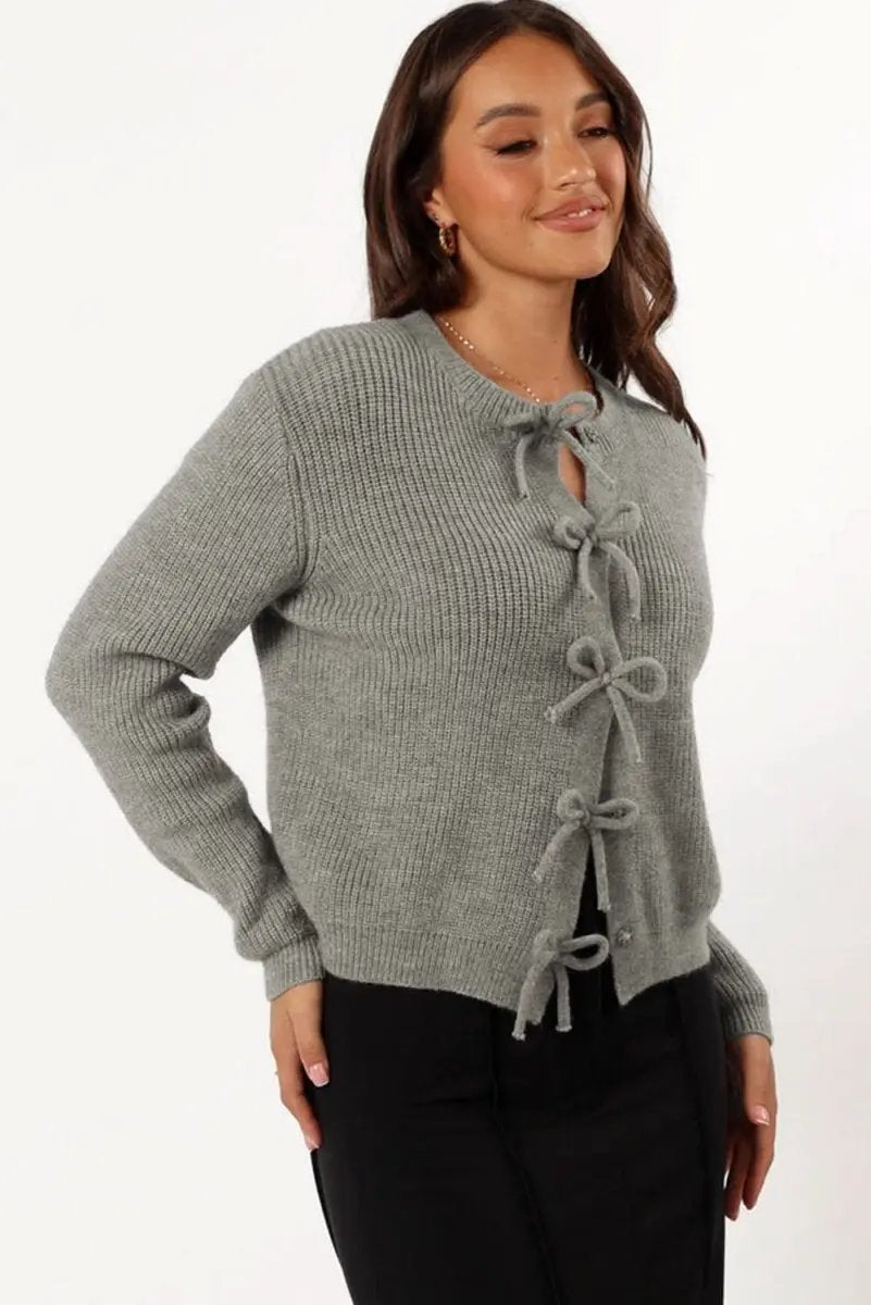 Philippine Gray Ribbed Knit Bow Front Buttoned Cardigan - Love Salve
